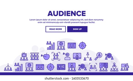 Audience Social Group Landing Web Page Header Banner Template Vector. Human On Computer Screen And Magnifier, Video Player And Web Site Audience Illustration