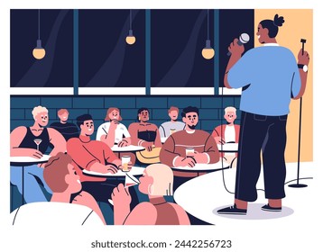 Audiencia en stand-up comedy show, micrófono abierto. Hombre negro, comediante en el micrófono en el escenario. Actuación cómica, hablando frente al público en un club de stand up, concierto de humor en vivo. Ilustración vectorial plana