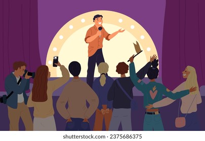 Audience support performance of favorite comedian. Stand up show. Club stage. Happy people back view. Humorous monologue. Public at comedy concert. Man performs joke