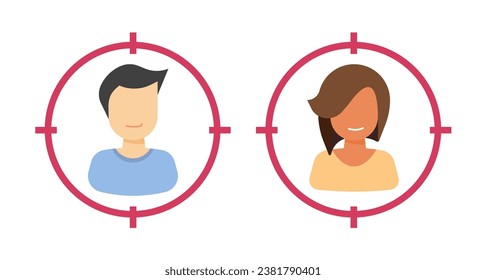 Audience target aim icon vector or customer user select flat graphic illustration set, search find man woman male female people as talent employee, buyer candidate profile symbol image set