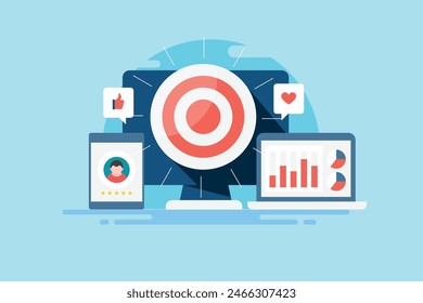 Audience target marketing, Remarketing technology, Analysis of digital advertising campaign with graphs and charts, Social media ad report - vector illustration with icons