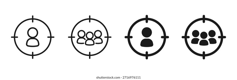 Conjunto de iconos de segmentación de público que muestra símbolos de enfoque individuales y grupales dentro de los círculos de destino. Concepto de marketing, segmentación de Clientes, análisis y estrategia de negocio. Limpio estilo de Vector mínimo.