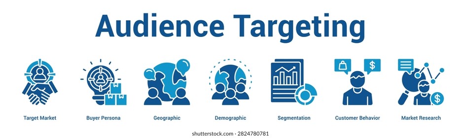 Audience Targeting web banner icon vector illustration concept for business with icon of Target Market, Buyer Persona, Geographic, Demographic, Segmentation, Customer Behavior, Market.