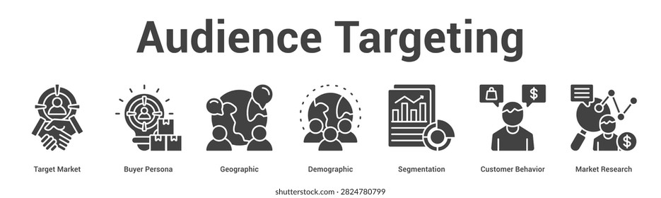 Audience Targeting web banner icon vector illustration concept for business with icon of Target Market, Buyer Persona, Geographic, Demographic, Segmentation, Customer Behavior, Market.