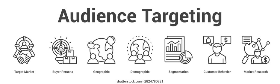 Audience Targeting web banner icon vector illustration concept for business with icon of Target Market, Buyer Persona, Geographic, Demographic, Segmentation, Customer Behavior, Market.