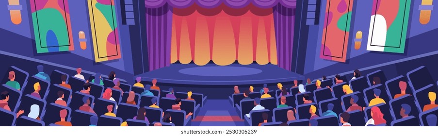 Audiência no auditório de teatro cena colorida com cortinas de palco e arte de parede abstrata. Pessoas diversas sentadas de frente para o palco atmosfera vibrante