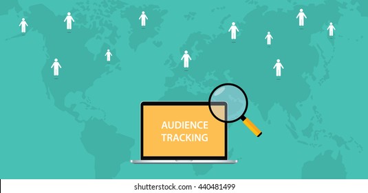 audience tracking concept with computer text magnifying glass and world map track sign vector graphic illustration