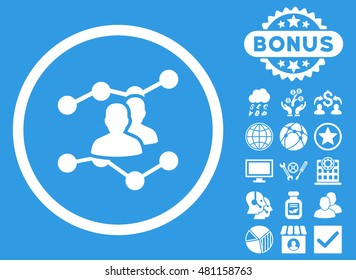 Audience Trends icon with bonus. Vector illustration style is flat iconic symbols, white color, blue background.
