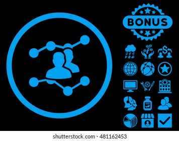 Audience Trends icon with bonus. Vector illustration style is flat iconic symbols, blue color, black background.