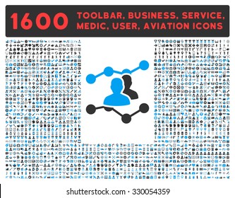 Audience Trends vector icon and 1600 other business, service tools, medical care, software toolbar, web interface pictograms. Style is bicolor flat symbols, blue and gray colors, rounded angles, white