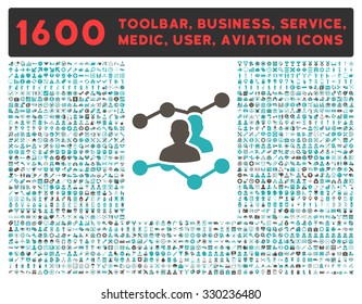 Audience Trends vector icon and 1600 other business, service tools, medical care, software toolbar, web interface pictograms. Style is bicolor flat symbols, grey and cyan colors, rounded angles, white