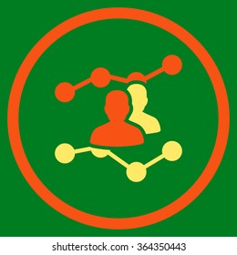 Audience Trends vector icon. Style is bicolor flat circled symbol, orange and yellow colors, rounded angles, green background.