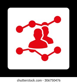 Audience Trends vector icon. This flat rounded square button uses red and white colors and isolated on a black background.
