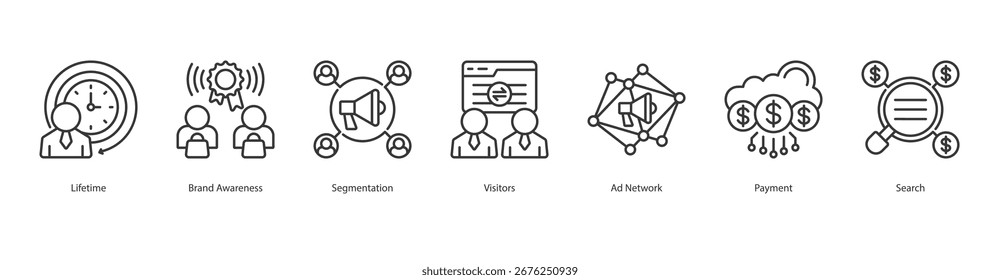 Audience Value Tracking banner web icon set vector illustration concept with icon of lifetime, brand awareness, segmentation, visitors, ad network, payment, search