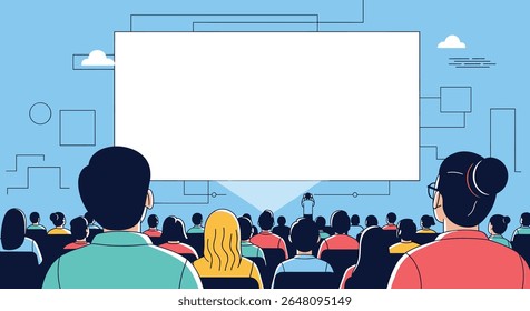 Audience watching large screen in cinema theater with entertainment lighting effects