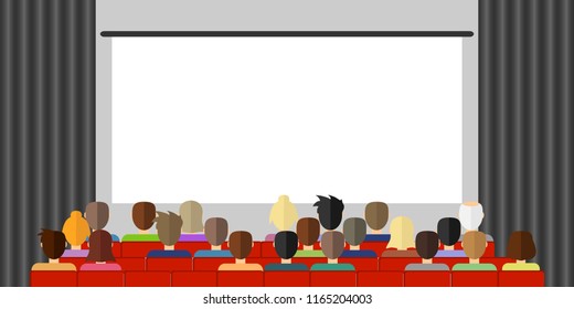 The audience is watching a movie in the cinema. The audience is sitting in the cinema and watching the movie. Flat design, vector illustration, vector.