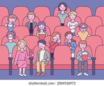 Audience watching a movie in the theater. flat design style vector illustration.