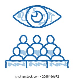 Zuschauer, die eine Vektorgrafik der Skizze beobachten. Handgezeichnetes blaues doodle-Line-Publikum, das Zeichen beobachtet. einzelne Symbolillustration