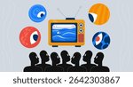 Audience watching television with surreal planetary eyes 2D illustration concept. Retro TV cosmic viewers. Media influence cartoon conceptual abstract vector art. Flat metaphor on grey background