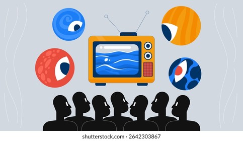 Audience watching television with surreal planetary eyes 2D illustration concept. Retro TV cosmic viewers. Media influence cartoon conceptual abstract vector art. Flat metaphor on grey background