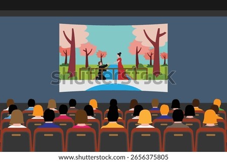Audience Watching Theater Performance on Big Screen in Cinema Hall 2d vector illustration