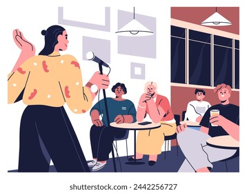 Audiencia y mujer cómica en stand up comedy show, micrófono abierto. Comediante en el micrófono delante del público riéndose en stand-up club, actuación de humor en vivo con bromas. Ilustración vectorial plana