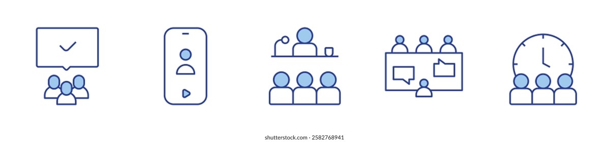 audiences, interview, schedule, conference, talk. Meeting Icon vector illustration. Line Duotone style. Editable stroke.