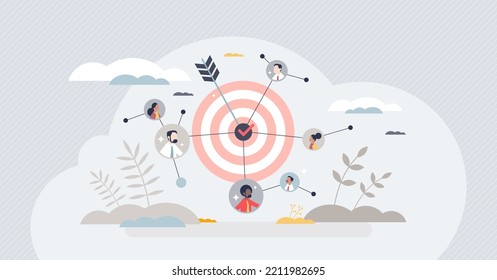 Audiences network and social group effective targeting tiny person concept. Analyzing consumer community for focused marketing campaign vector illustration. Graphic with specific loyal auditorium part