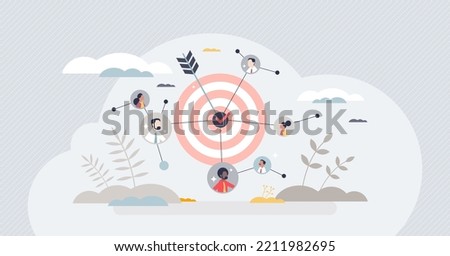 Audiences network and social group effective targeting tiny person concept. Analyzing consumer community for focused marketing campaign vector illustration. Graphic with specific loyal auditorium part
