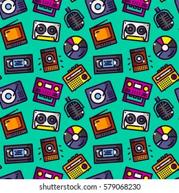 Audio ans video seamless pattern with objects in line style, sound vector illustration
