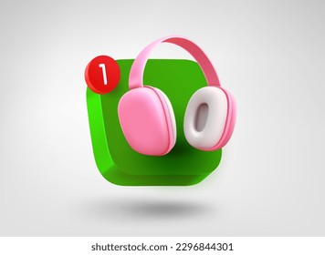 Audio app button with headphones. 3d vector mobile application icon