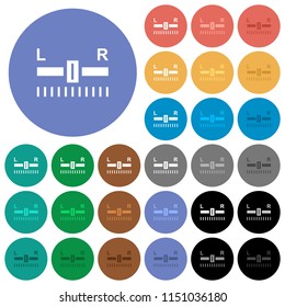 Audio balance control multi colored flat icons on round backgrounds. Included white, light and dark icon variations for hover and active status effects, and bonus shades on black backgounds.
