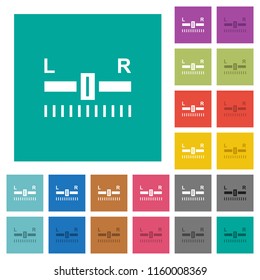 Audio balance control multi colored flat icons on plain square backgrounds. Included white and darker icon variations for hover or active effects.