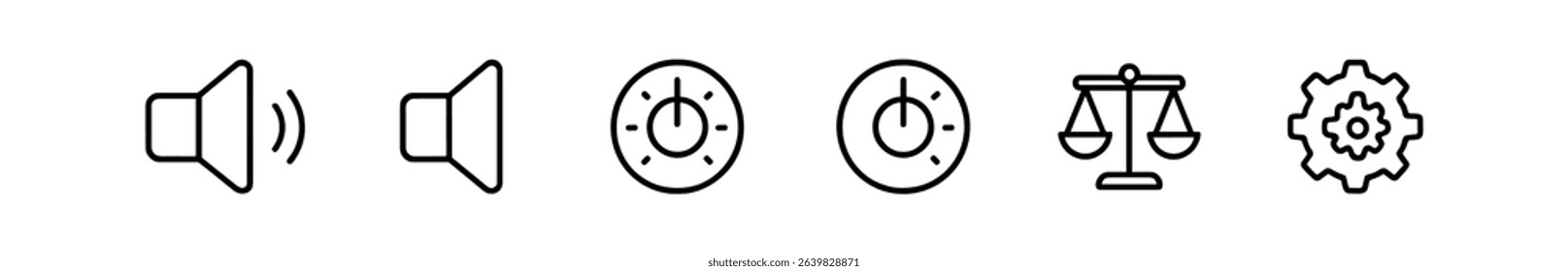 Audio balance outline icon set. speaker, weight scale, settings outline collection