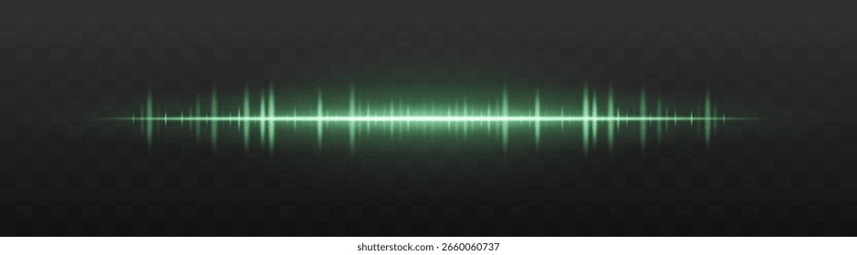 Audio bar. Glowing frequency wave with high intensity peaks and reflection. Suited for UI, music interface, sound visualization, digital signal.