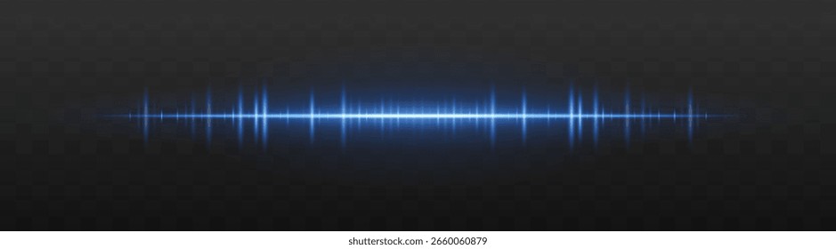 Audio bar. Glowing frequency wave with high intensity peaks and reflection. Suited for UI, music interface, sound visualization, digital signal.
