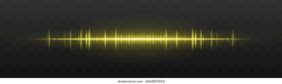 Barra de áudio. Onda de frequência brilhante com picos de alta intensidade e reflexão. Adequado para IU, interface de música, visualização de som, sinal digital.