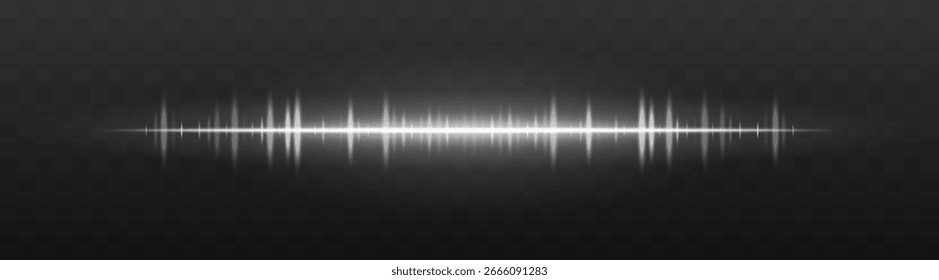 Barra de áudio. Onda de frequência brilhante com picos de alta intensidade e reflexão. Adequado para IU, interface de música, visualização de som, sinal digital.
