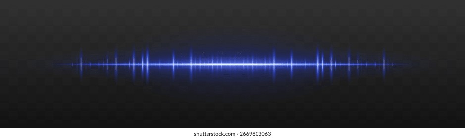 Barra de áudio. Onda de frequência brilhante com picos de alta intensidade e reflexão. Adequado para IU, interface de música, visualização de som, sinal digital.