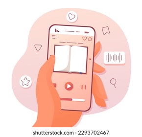 Hörbuchkonzept. Charaktere hält Smartphone in der Hand und hört auf Datei. Liebe für Literatur, Bildung und Ausbildung. Podcast, Webinar oder Tutorial. Cartoon-Flavektor-Vektorgrafik