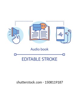 Audio book concept icon. Audio-recorded literature idea thin line illustration. Audiobooks, records. Ebooks listening with smartphone headphones. Vector isolated outline drawing. Editable stroke