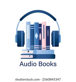 Audio book concept, isolated on white background. Online education and learning. Headphones and stack of books. Internet library, interesting literature in earphones. flat vector illustration