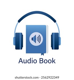 Audio book concept, isolated on white background. Online education and learning. Headphones and audiobook with volume sign. Internet library, interesting literature in earphones. vector illustration