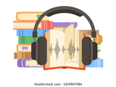 Audio book concept. Online library vector flat illustration. Stack of books with open book and headphones on it. Electronic book metaphor.