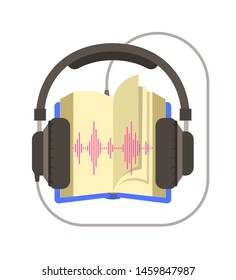 Audio book concept. Online library vector flat illustration. Open book and headphones connected to it. Electronic book metaphor.