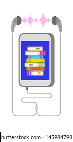 Audio book concept. Smartphone application for reading e-book. Stack of books on mobile phone screen and earphones. Online library vector flat illustration. Electronic audiobook metaphor