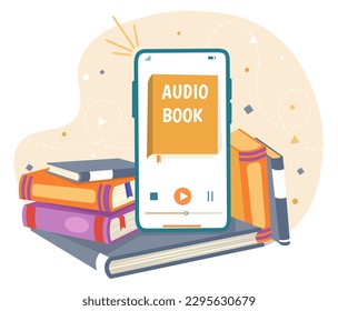 Audio book concept. Smartphone with files, electronic library. Love for literature and reading. Online app, program or software for listening podcast and audiobooks. Cartoon flat vector illustration