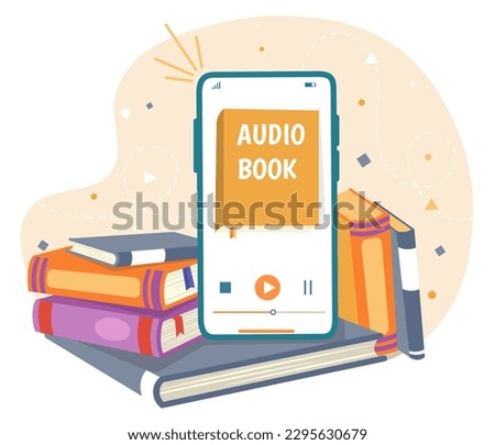 Audio book concept. Smartphone with files, electronic library. Love for literature and reading. Online app, program or software for listening podcast and audiobooks. Cartoon flat vector illustration