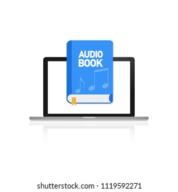 Audio book flat icon on laptop, listen literature. Vector stock illustration.