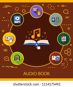 Audio book flat icons concept. Vector illustration. Element template for design.